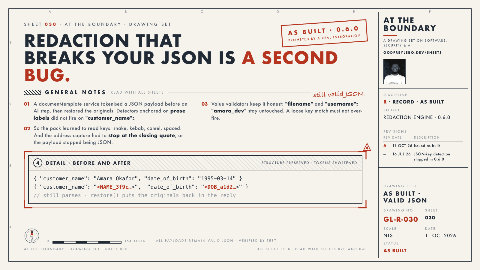 Drawing sheet 030: Redaction that breaks your JSON is a second bug.